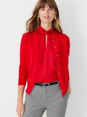 Ann Taylor twin set Bright Red Button Cardigan and mock neck shell sweater